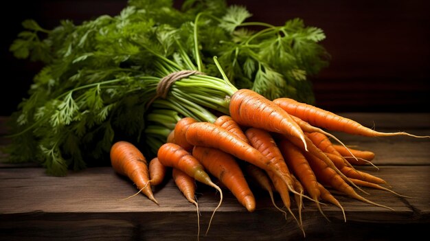 A bunch of freshly harvested carrots with their greens