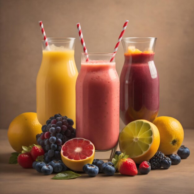 A bunch of fruit and a glass of juice are on a table.