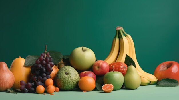 A bunch of fruit on a green background