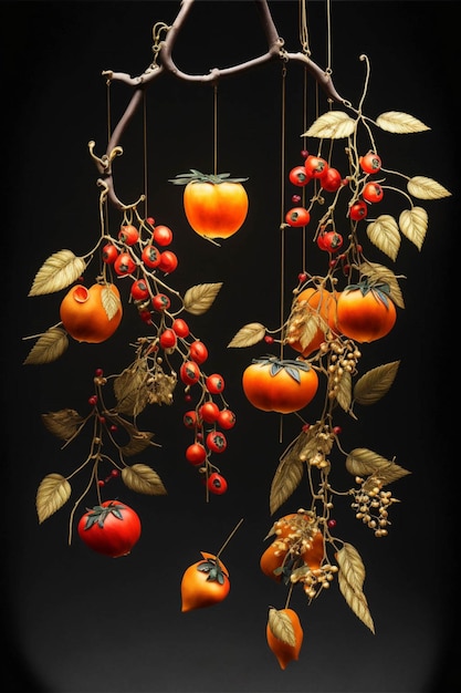 Bunch of fruit hanging from a tree branch generative ai