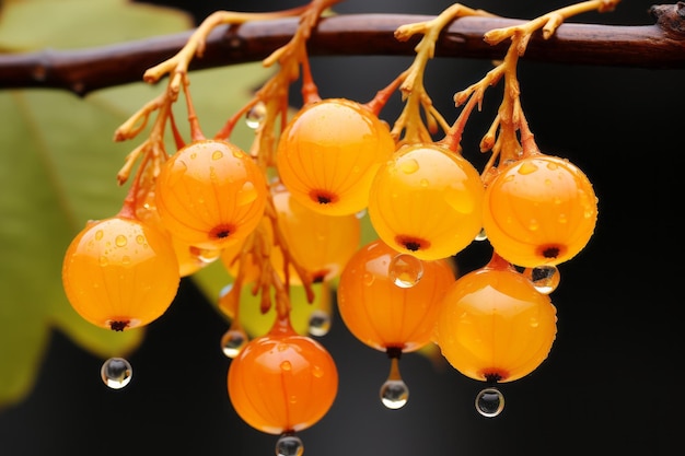 a bunch of fruit hanging from a tree branch with water drops on them