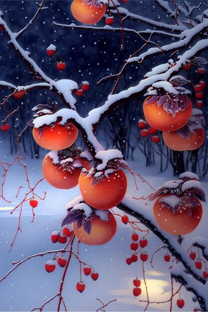 Bunch of fruit hanging from a tree in the snow generative ai