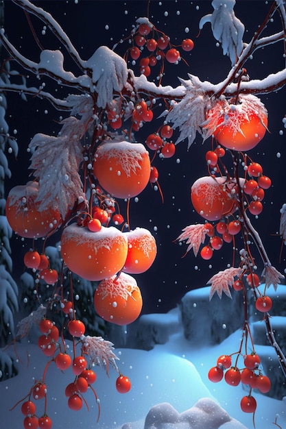 Bunch of fruit hanging from a tree in the snow generative ai