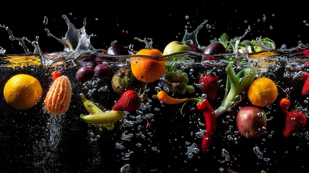 a bunch of fruit is splashing into the water generative ai