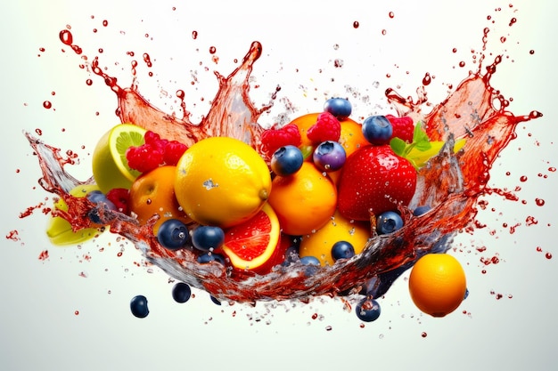 Bunch of fruit is splashing out of bowl of water with oranges raspberries lemons and blueberries Generative AI