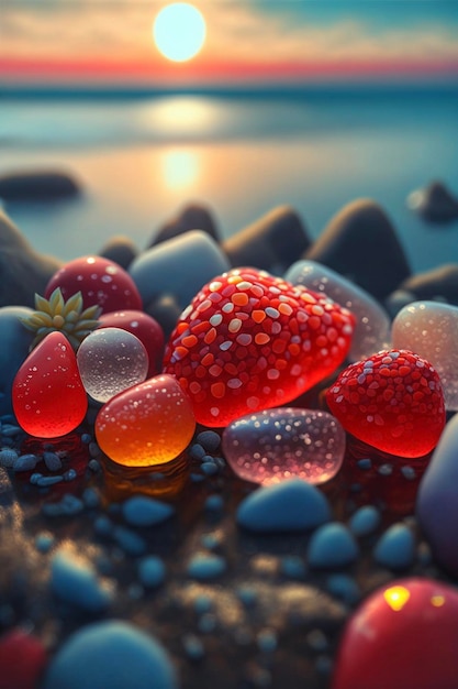 A bunch of fruit sitting on top of a rocky beach generative ai