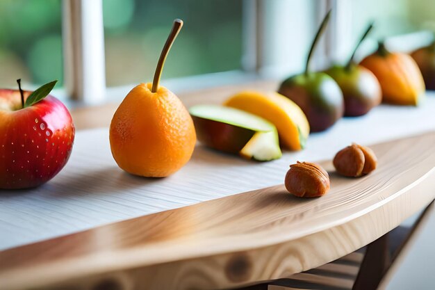 a bunch of fruit on a table with one that has the word kiwi on it