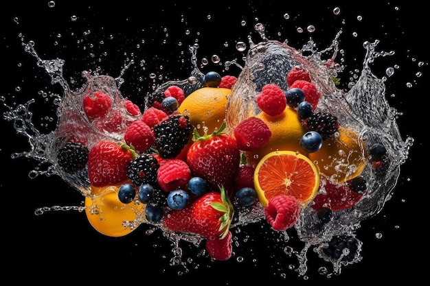 A bunch of fruit in a water splash