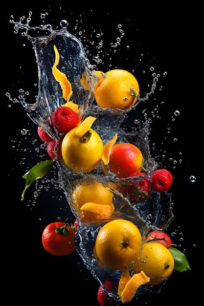 A bunch of fruit in water with a splash of water