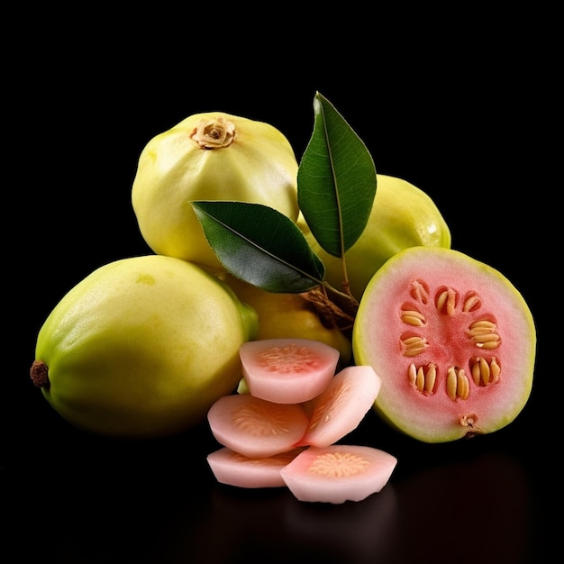 Photo a bunch of fruit with one cut open and one cut open.