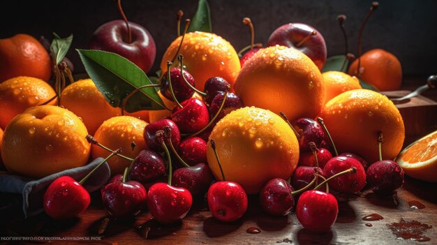 A bunch of fruit with one that says'fruit '