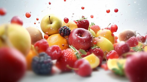 A bunch of fruit with a splash of water in the air