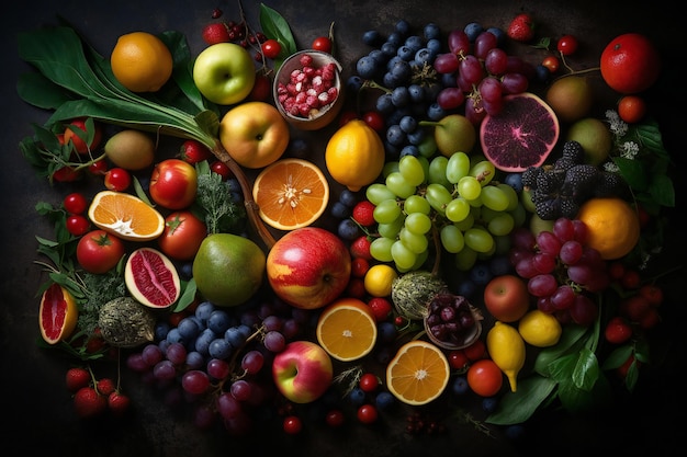 A bunch of fruits are arranged on a black background