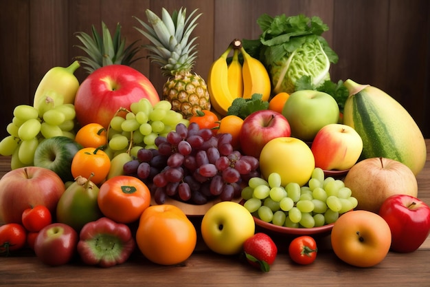 A bunch of fruits are arranged on a table.