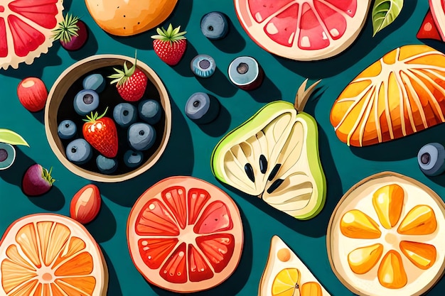 A bunch of fruits are on a green background