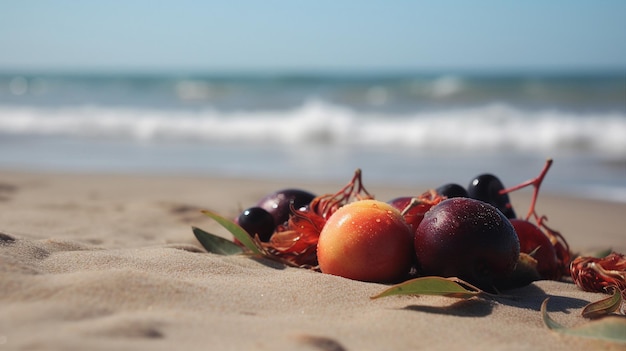 A bunch of fruits on the beach