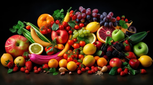 A bunch of fruits on a black background