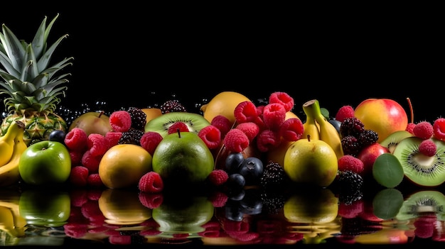 A bunch of fruits on a black background