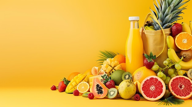 куча фруктов и бутылка апельсинового сока на столе