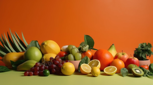 A bunch of fruits on a green background