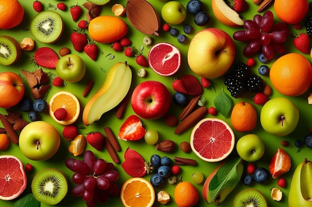 A bunch of fruits on a green background