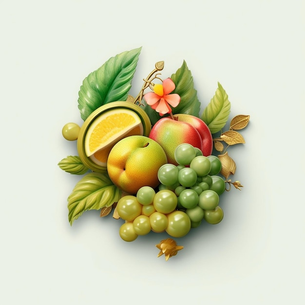 リンゴ、オレンジ、緑のブドウなどの果物の束。