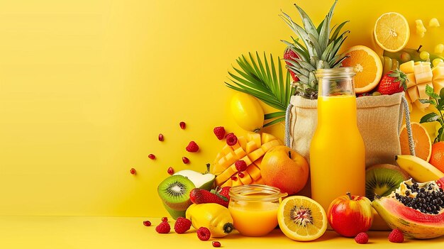 a bunch of fruits and juices are on a table with a yellow background