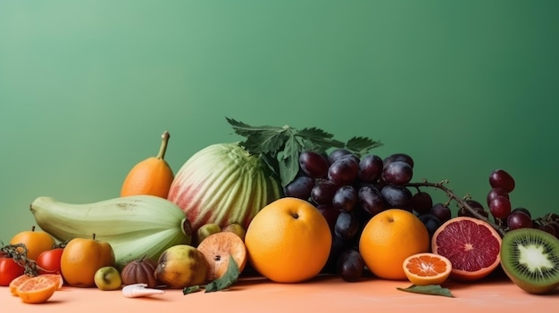 A bunch of fruits on a table with a green background