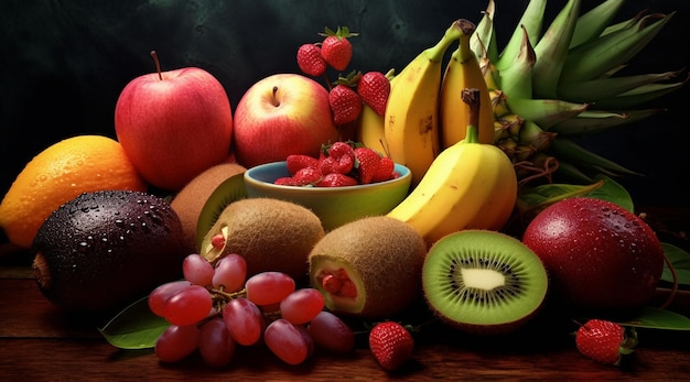 A bunch of fruits on a table with one of them being a banana
