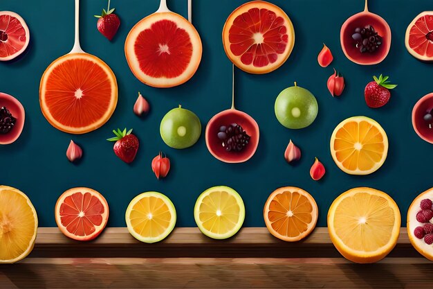 a bunch of fruits that are on a blue background