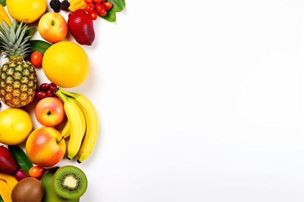 A bunch of fruits that are on a white background