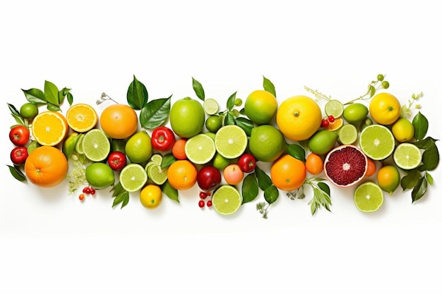 a bunch of fruits that are on a white background