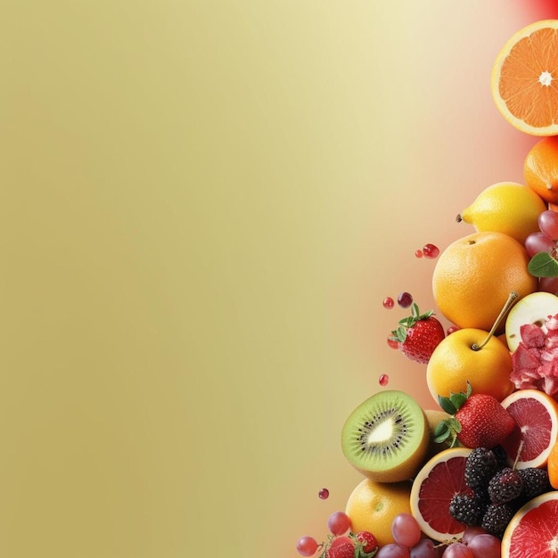 A bunch of fruits that are on a yellow background