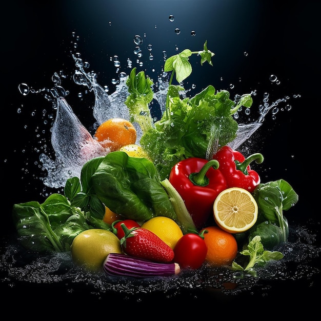 A bunch of fruits and vegetables are being splashed with water.