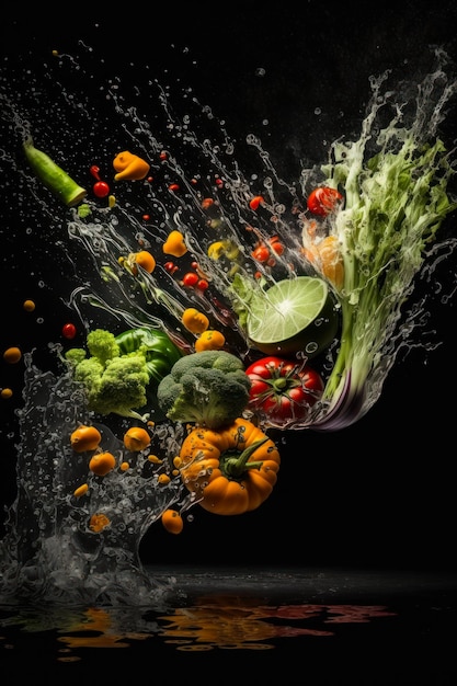 たくさんの果物や野菜が水に飛び散っている ジェネレーティブ AI