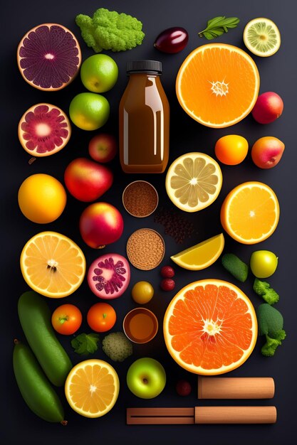 A bunch of fruits and vegetables including a bottle of juice.