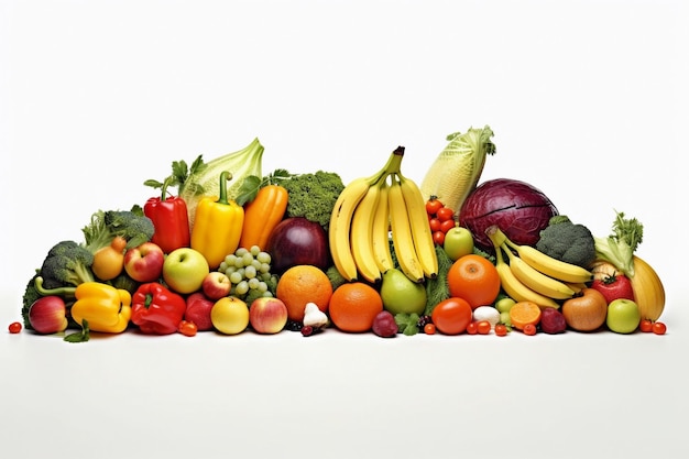 Куча фруктов и овощей на белом фоне