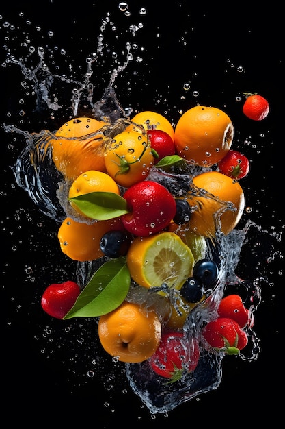 Photo a bunch of fruits in a water splash