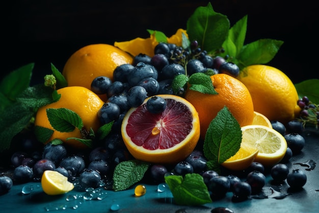 A bunch of fruits with mint leaves on a blue background