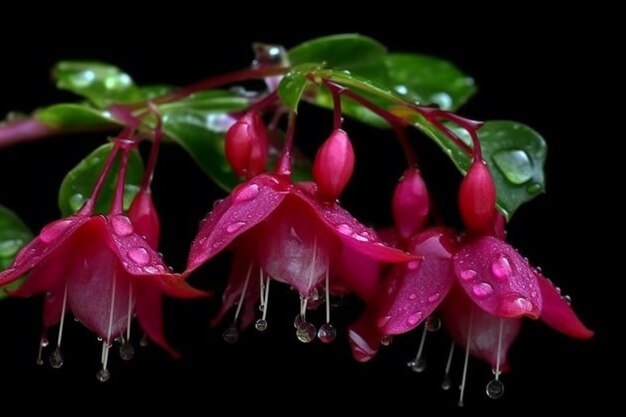 A bunch of fuchsia flowers with raindrops on them