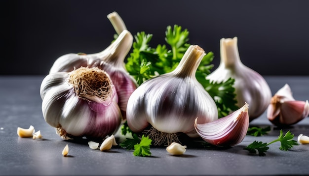 A bunch of garlic cloves with herbs on a table