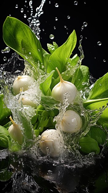 Photo a bunch of garlic is being sprayed with water