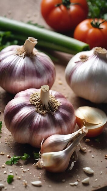 Bunch of garlic near tomatoes