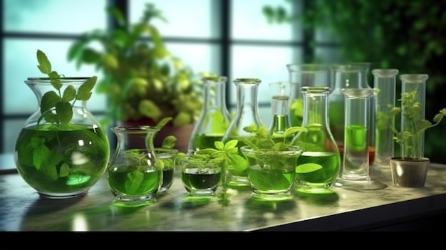 A bunch of glass beakers with mint leaves on them