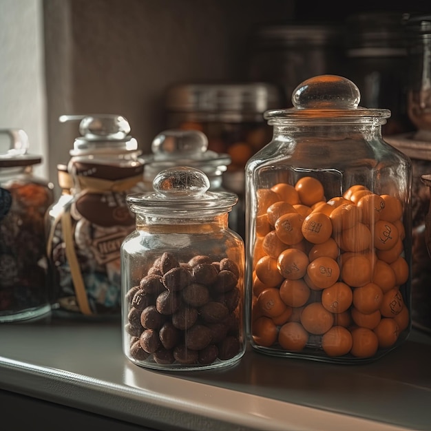 A bunch of glass jars of candy including one that says " candy " on it.