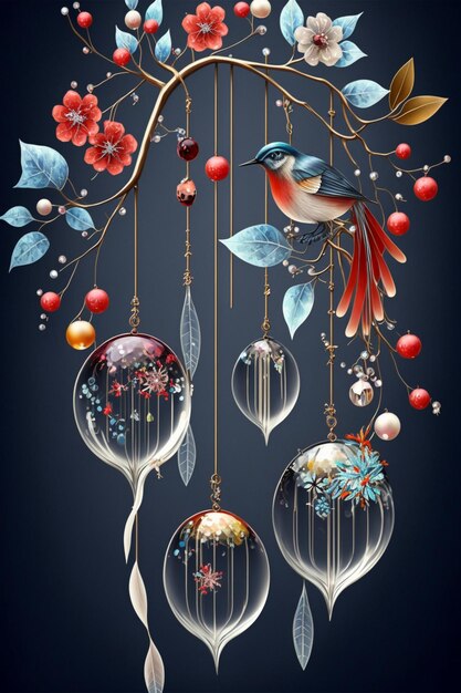 Photo bunch of glass ornaments hanging from a tree generative ai