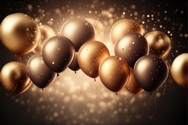 A bunch of gold and black balloons with gold and black balloons in the background.