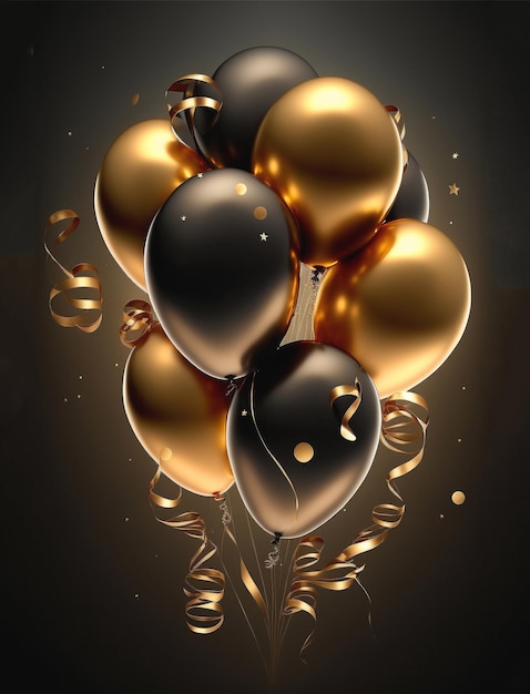 A bunch of gold and black balloons with gold ribbons and a ribbon that says " happy birthday ".