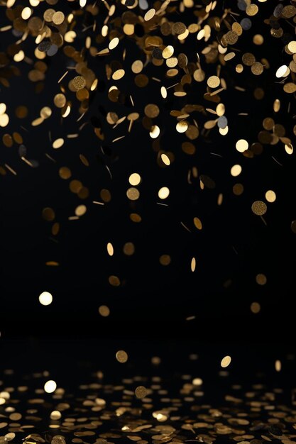 a bunch of gold confetti on a black background