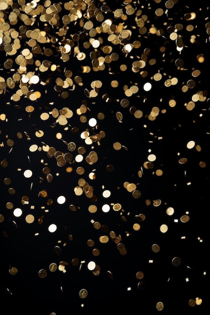 a bunch of gold confetti on a black background